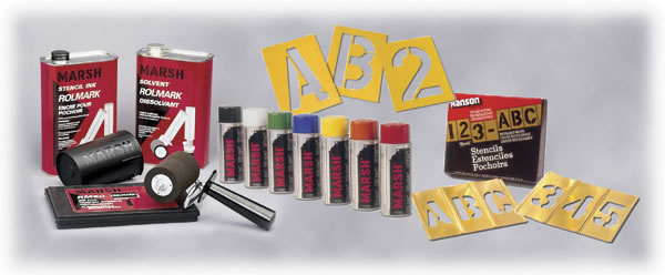 Marsh ink and ink rollers, Marsh Foundation Rollers and Brushes, P-T Templet's Stencils and Interlocking Brass Stencils