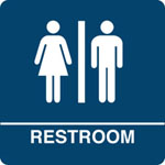 Kroy ADA regulatory Restroom signs with tactile braille. Durable and tough injection molded ABS plastic 8" x 8" in blue.