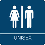 Kroy ADA regulatory UNISEX Restroom signs with tactile braille. Durable and tough injection molded ABS plastic 8" x 8" in blue.